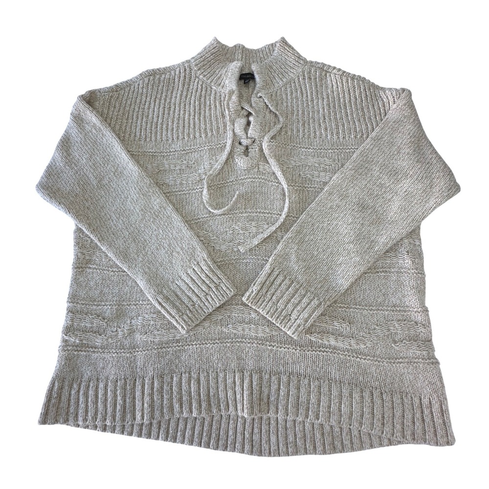 Talbots Womens Sweater Size L Beige Knit Long Sleeve Lace Up Mock Neck Pullover